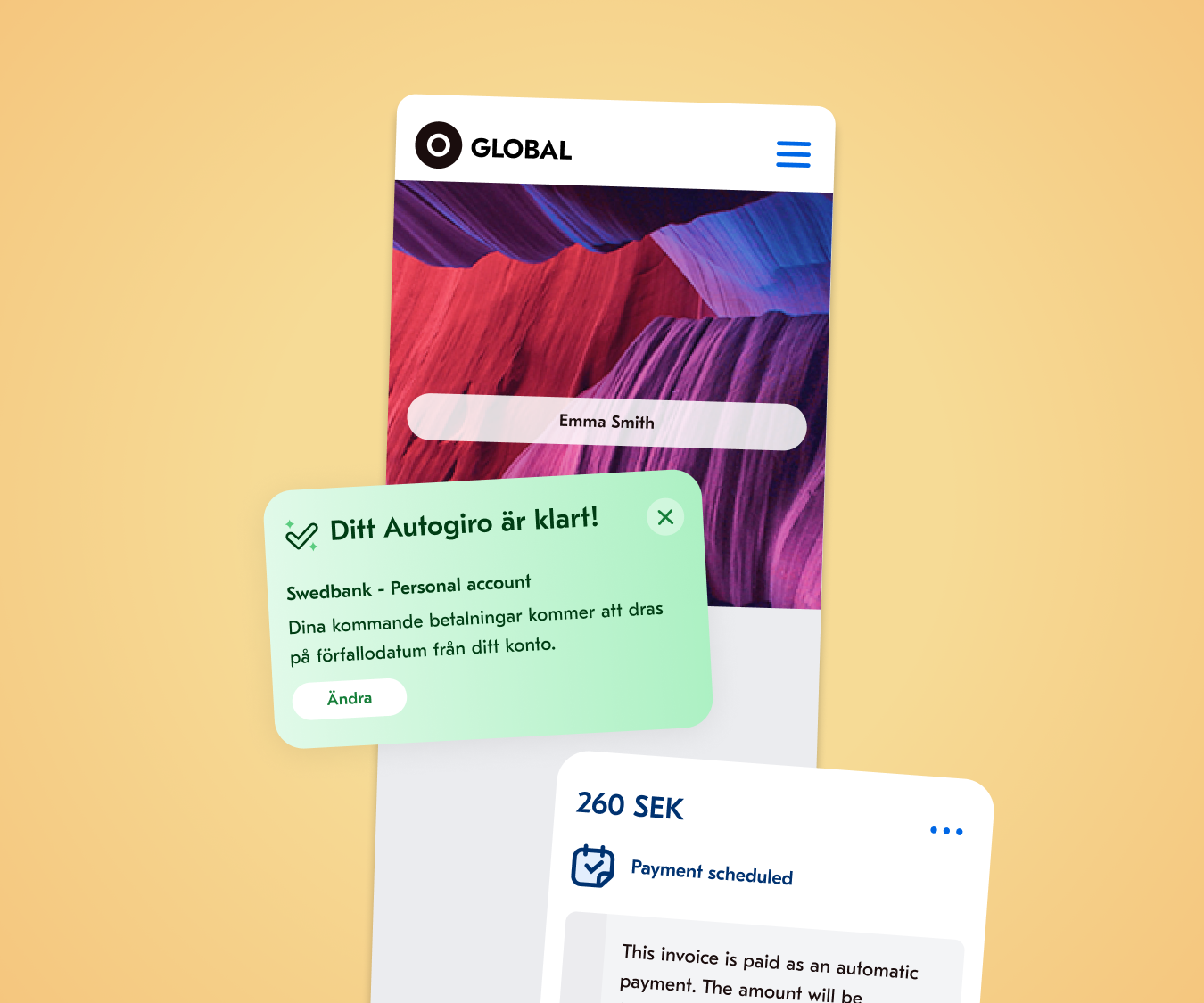 Global payment screen with a scheduled payment confirmation